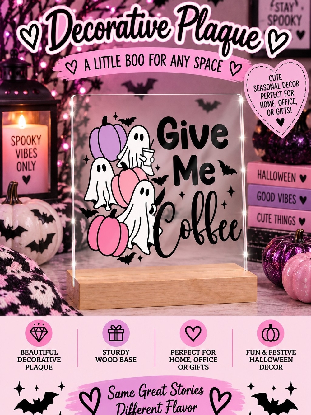 Give Me Coffee Decorative Plaque - Pink & Purple Halloween Design!!